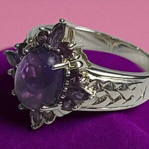 SUARTI Amethyst Cabochon Ring with Halo-Set Amethyst & Pink Tourmaline Size 8